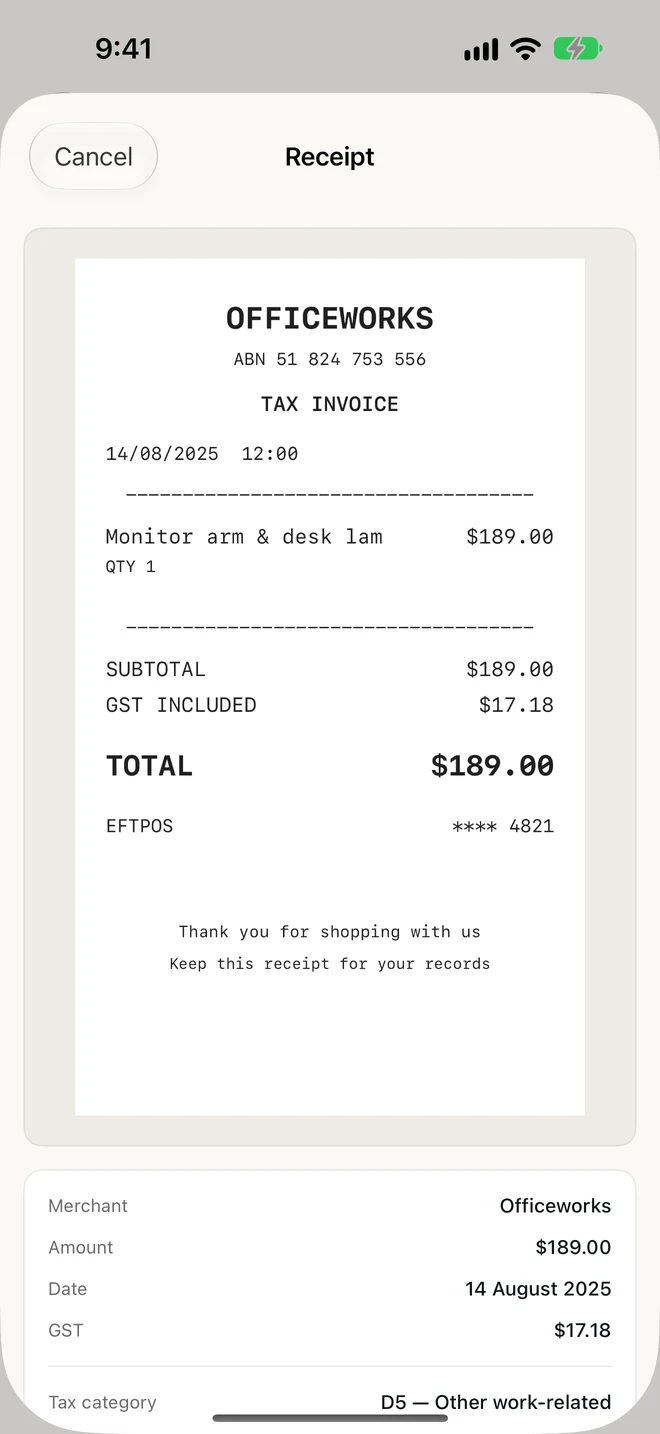 A scanned Officeworks receipt in Taxkeep, tagged as a work-related deduction
