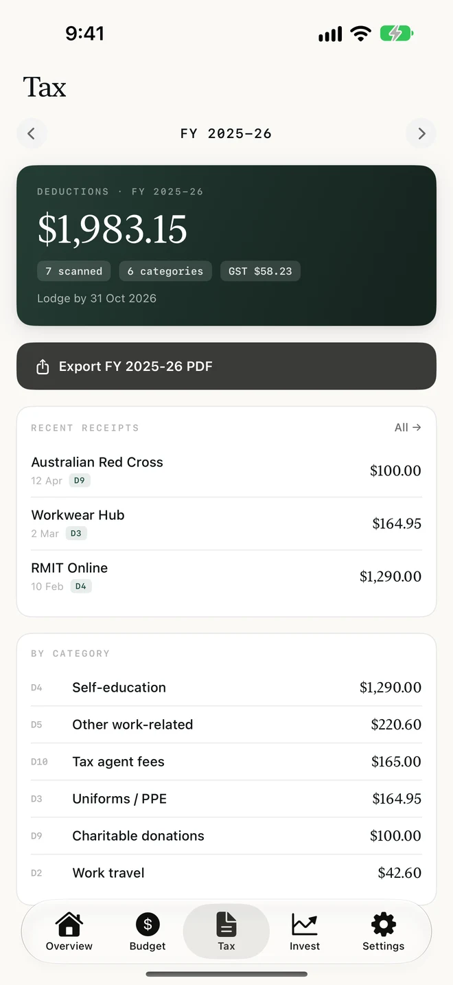 Taxkeep's Tax tab: FY 2025-26 deductions, receipts and categories