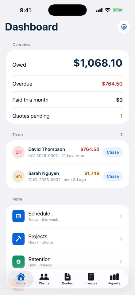 Tradie Mate: Dashboard screen