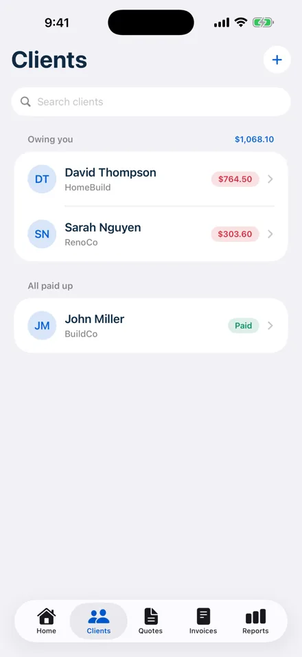 Tradie Mate: Clients screen