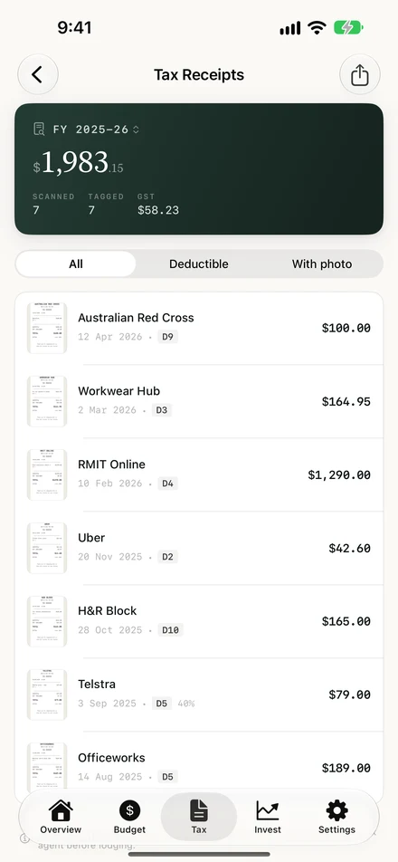 Taxkeep: Receipts screen
